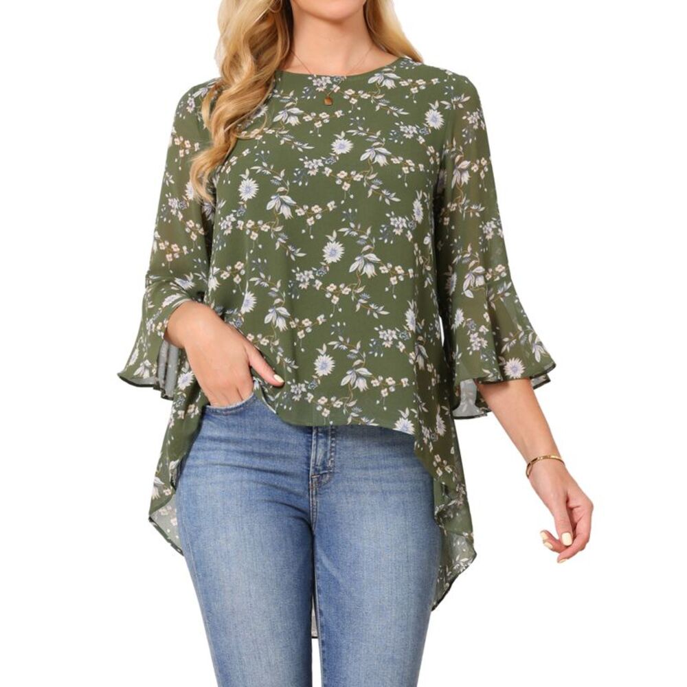 Women's High Low Floral Tops Summer Shirt  3/4 Sleeve Chiffon Blouse Green